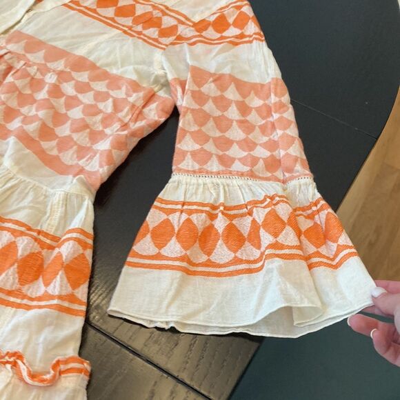 PEARL & CAVIAR Zakar Cotton 3/4 Sleeve Peach and Cream Greek Santorini Dress - Picture 6 of 8